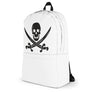 White minimalist backpack with Jack Rackham pirate flag represented as a black skull above two black crossed swords, which contributed to the popularization of pirates worldwide