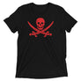 Charcoal Black short sleeve t-shirt with Jack Rackham pirate flag represented as a red skull above two red crossed swords, which contributed to the popularization of pirates worldwide.