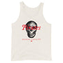 Oatmeal unisex tank top depicting a black skull under horizontal red lettering that says, "Pirates Honor Loyalty" in IM Fell font.