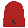 Red beanie with Henry Every pirate flag which depicts a black skull in profile wearing a kerchief and an earring, above a saltire of two black crossed bones.