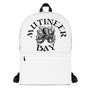 White Minimalist Backpack with Black unisex hoodie depicting white Mutineer Bay trademarked logo on the front.