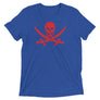 Royal Blue short sleeve t-shirt with Jack Rackham pirate flag represented as a red skull above two red crossed swords, which contributed to the popularization of pirates worldwide.