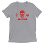 Ash unisex short sleeve t-shirt depicting the pirate flag of Stede Bonnet "The Gentleman Pirate" represented as a red skull above a red horizontal long bone between red a heart and a red dagger.