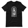 Charcoal Black unisex short sleeve t-shirt with image of skeleton hands holding up a rum bottle with the "No Rum, No Fun" written in the middle. In small semi circle above the bottle, "Mutineer Bay" is written. All images and lettering is in White.
