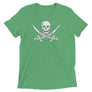 Green t-shirt with Jack Rackham pirate flag represented as a white skull above two crossed swords, which contributed to the popularization of pirates worldwide.