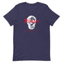 Navy Blue short sleeve t-shirt with "Pirates Honor Loyalty" written horizontally transposed over skull outline. Lettering is in red and skull is in white.
