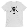 White short sleeve t-shirt depicting black pirate flag of Emanuel Wynn, famous French pirate, which is a variant of crossbones motif with an addition of an hourglass which represented that pirate prey's time is up.