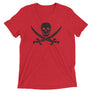 White unisex short sleeve t-shirt with Jack Rackham pirate flag represented as a black skull above two black crossed swords, which contributed to the popularization of pirates worldwide.