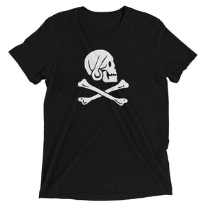 Charcoal Black unisex short sleeve t-shirt with Henry Every pirate flag which depicts a white skull in profile wearing a kerchief and an earring, above a saltire of two white crossed bone