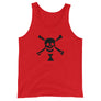 Red tank top depicting black pirate flag of Emanuel Wynn, famous French pirate, which is a variant of crossbones motif with an addition of an hourglass which represented that pirate prey's time is up.