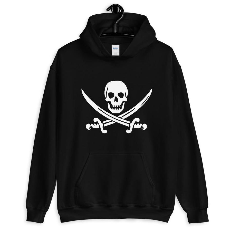 Black unisex hoodie with Jack Rackham pirate flag represented as a white skull above two crossed swords, which contributed to the popularization of pirates worldwide.