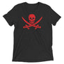 Black short sleeve t-shirt with Jack Rackham pirate flag represented as a red skull above two red crossed swords, which contributed to the popularization of pirates worldwide.