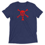 Navy Blue short sleeve t-shirt depicting red pirate flag of Emanuel Wynn, famous French pirate, which is a variant of crossbones motif with an addition of an hourglass which represented that pirate prey's time is up.