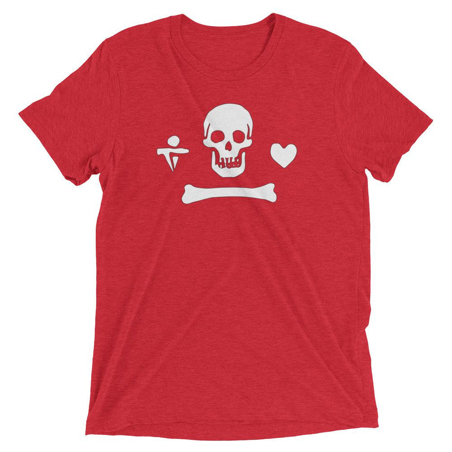 Red unisex short sleeve t-shirt depicting the pirate flag of Stede Bonnet "The Gentleman Pirate" represented as a white skull above a horizontal long bone between a heart and a dagger.