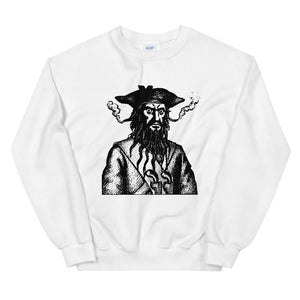 White sweatshirt with a black image of "Blackbeard the Pirate" this was published in Defoe, Daniel; Johnson, Charles (1736 - although Angus Konstam says the image is circa 1726)