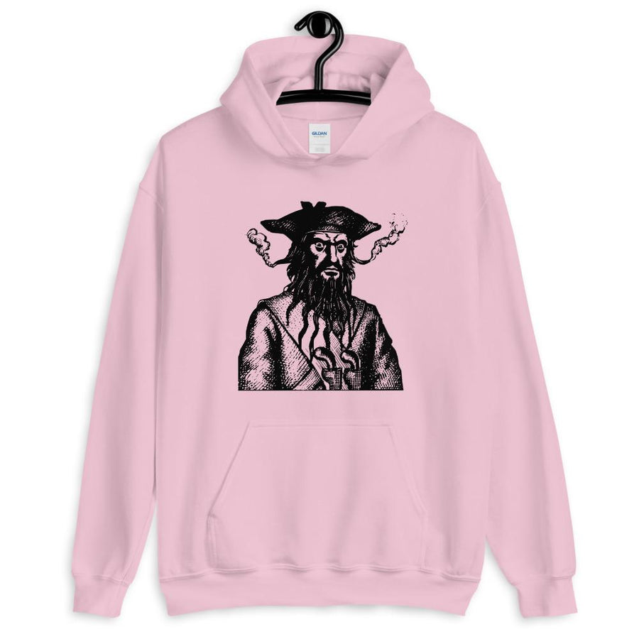 Pink Hoodie unisex with a black image of "Blackbeard the Pirate" this was published in Defoe, Daniel; Johnson, Charles (1736 - although Angus Konstam says the image is circa 1726)