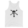 White tank top depicting black pirate flag of Emanuel Wynn, famous French pirate, which is a variant of crossbones motif with an addition of an hourglass which represented that pirate prey's time is up.