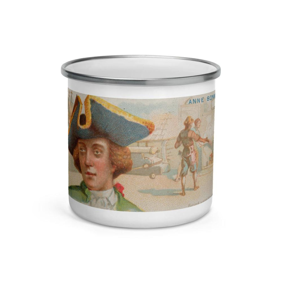 White enamel coffee mug with image of the famous female pirate, Anne Bonny. Anne Bonny, Firing Upon the Crew, from the Pirates of the Spanish Main series (N19) for Allen & Ginter Cigarettes