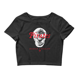 Black crop top with "Pirates Honor Loyalty" written horizontally transposed over skull outline. Lettering is in red and skull is in white.