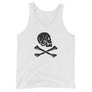 White unisex tank top with Henry Every pirate flag which depicts a black skull in profile wearing a kerchief and an earring, above a saltire of two black crossed bone