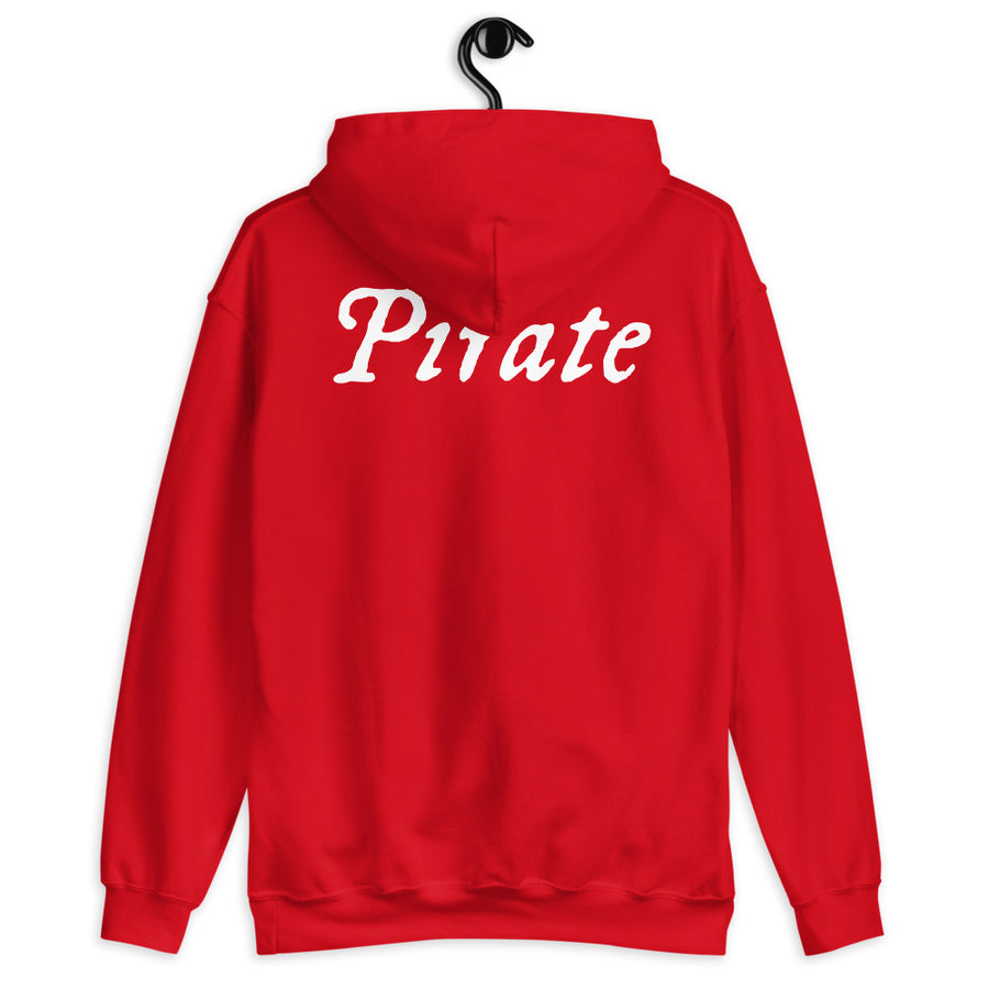 Red unisex Hoodie with word "Pirate" written horizontally in IM Fell font on the front and back of the hoodie. Lettering is in white.
