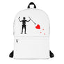 White minimalist backpack with the purported pirate flag of Blackbeard, consisting of a white horned skeleton using a spear to pierce a red bleeding heart, typically attributed to the pirate Edward Teach, better known as Blackbeard.