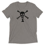 Dark Grey short sleeve t-shirt depicting black pirate flag of Emanuel Wynn, famous French pirate, which is a variant of crossbones motif with an addition of an hourglass which represented that pirate prey's time is up.