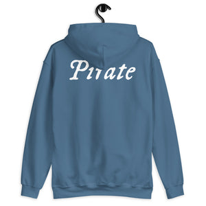 Light Blue unisex Hoodie with word "Pirate" written horizontally in IM Fell font on the front and back of the hoodie. Lettering is in white.