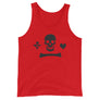 Crimson Red unisex tank top depicting the black pirate flag of Stede Bonnet "The Gentleman Pirate" represented as a white skull above a horizontal long bone between a heart and a dagger.