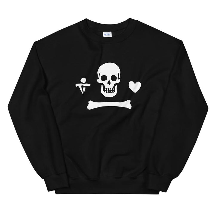 Black unisex sweatshirt depicting the white pirate flag of Stede Bonnet "The Gentleman Pirate" represented as a white skull above a horizontal long bone between a heart and a dagger, all on a black field.