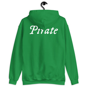 Green unisex Hoodie with word "Pirate" written horizontally in IM Fell font on the front and back of the hoodie. Lettering is in white.