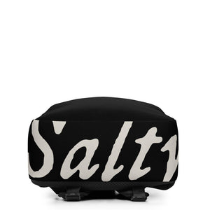 Black minimalist backpack with wording "Salty" written on one horizontal row in IM Fell font on the front. Lettering is in White.