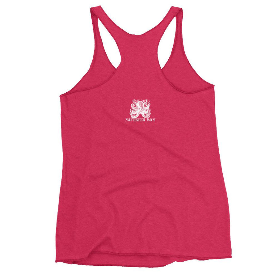 Hot Pink racerback tank top with Jack Rackham pirate flag represented as a white skull above two crossed swords, which contributed to the popularization of pirates worldwide.