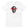 White short sleeve t-shirt with "Pirates Honor Loyalty" written horizontally transposed over skull outline. Lettering is in red and skull is in black.