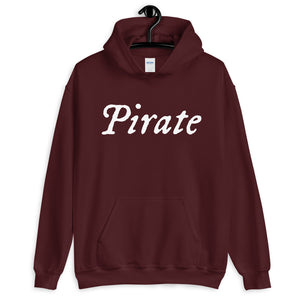Maroon unisex Hoodie with word "Pirate" written horizontally in IM Fell font on the front and back of the hoodie. Lettering is in white.