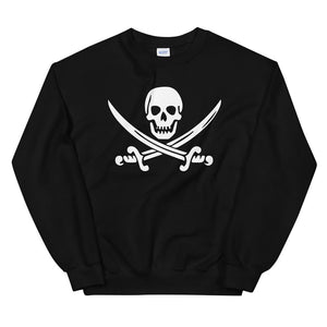 Black unisex sweatshirt with Jack Rackham pirate flag represented as a white skull above two crossed swords, which contributed to the popularization of pirates worldwide.