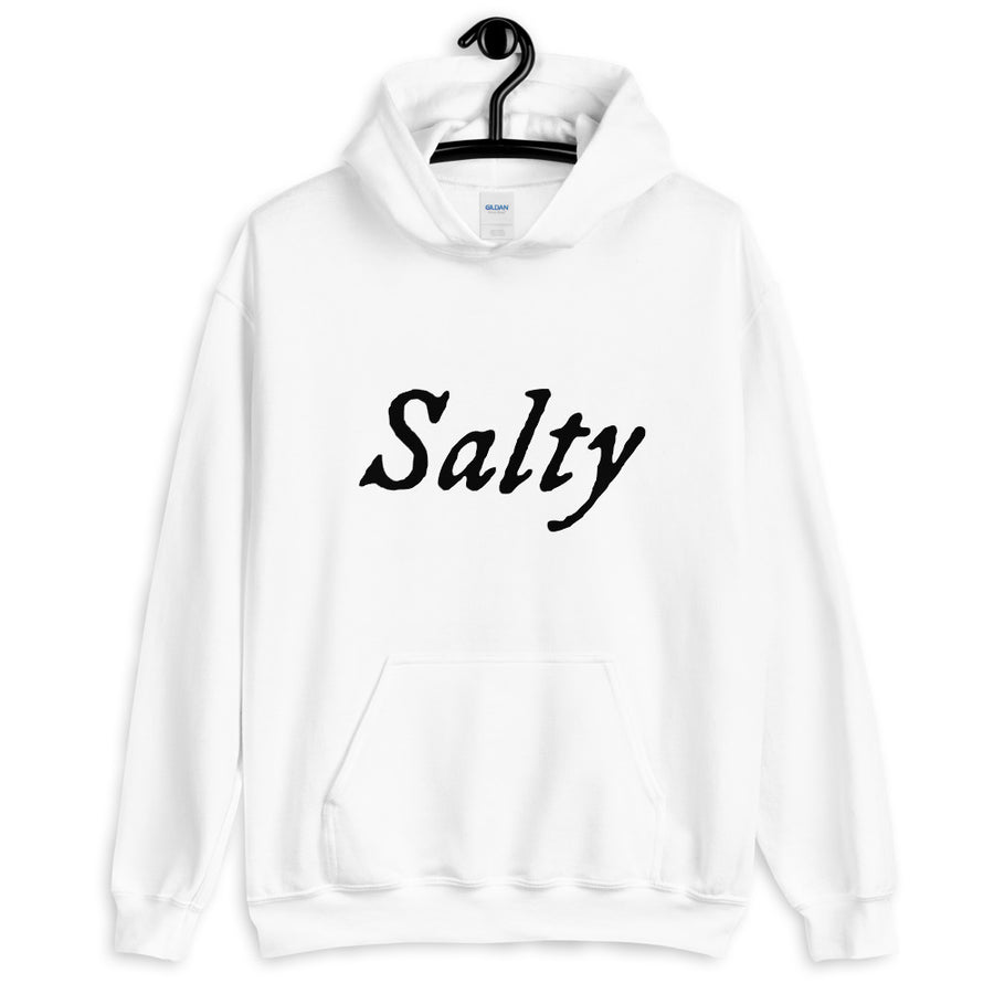 White unisex Hoodie with wording "Salty" written on one horizontal row in IM Fell font on the front. Lettering is in Black.