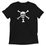 Black short sleeve t-shirt depicting white pirate flag of Emanuel Wynn, famous French pirate, which is a variant of crossbones motif with an addition of an hourglass which represented that pirate prey's time is up.