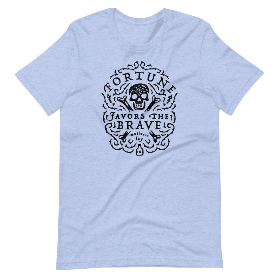 Light blue short sleeve t-shirt with centered skull and cross bones, with small additional artistic accents, surrounded in a circular pattern with "Fortune Favors the Brave". All lettering and imagining is in Black.