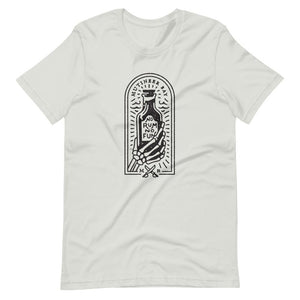 Light grey unisex short sleeve t-shirt with image of skeleton hands holding up a rum bottle with the "No Rum, No Fun" written in the middle. In small semi circle above the bottle, "Mutineer Bay" is written. All images and lettering is in black.