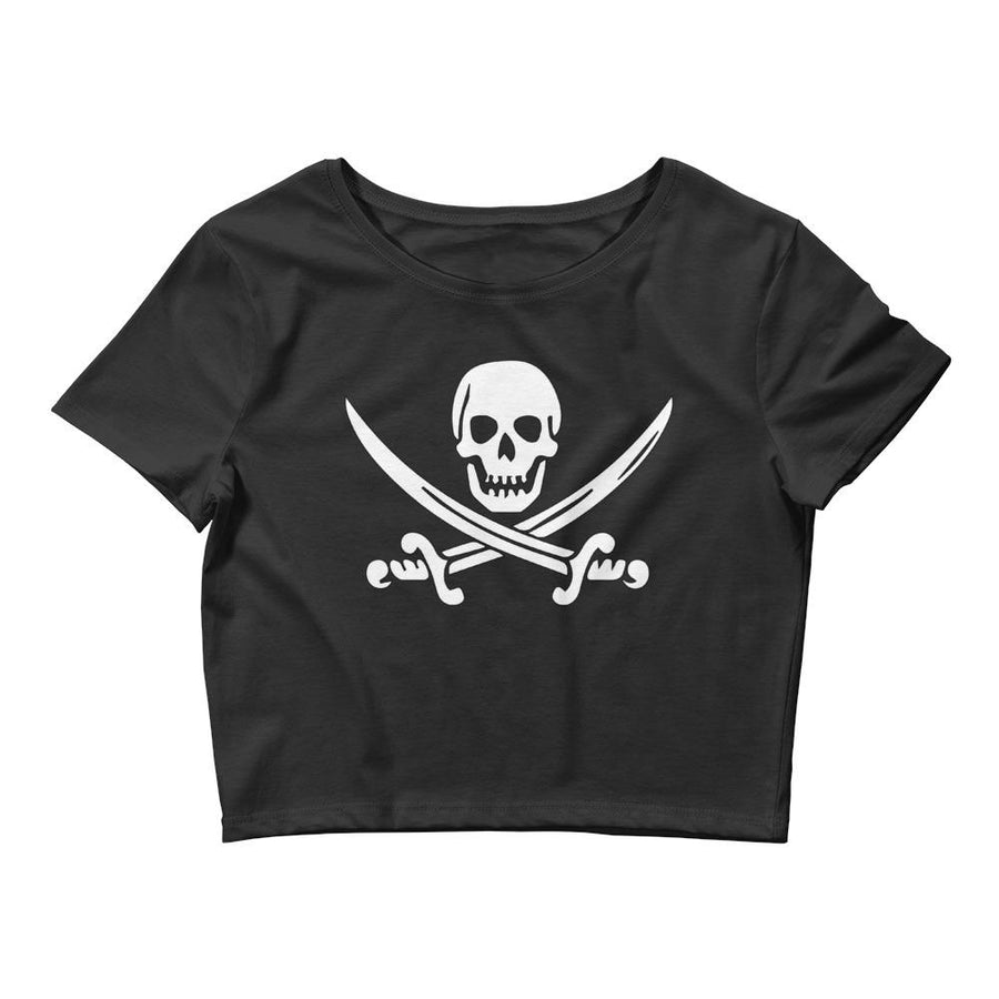 Black crop top with Jack Rackham pirate flag represented as a white skull above two crossed swords, which contributed to the popularization of pirates worldwide.