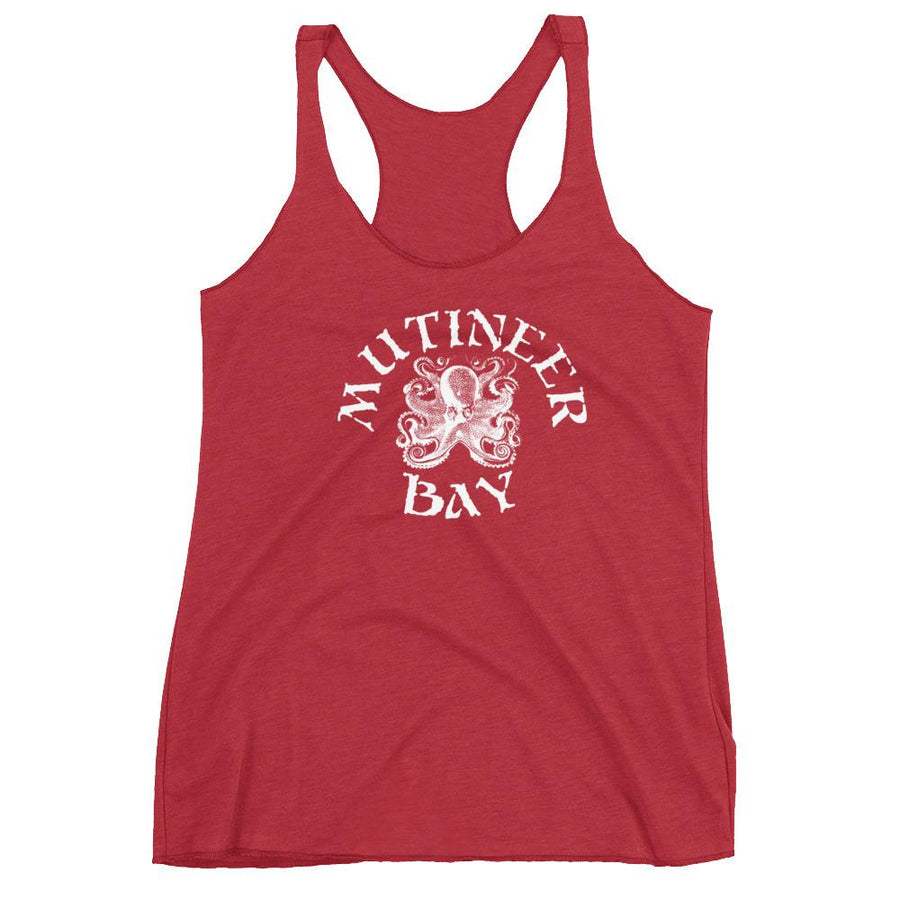 Red racerback tank top depicting white Mutineer Bay trademarked logo on the front.