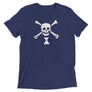 Purple short sleeve t-shirt depicting white  pirate flag of Emanuel Wynn, famous French pirate, which is a variant of crossbones motif with an addition of an hourglass which represented that pirate prey's time is up.