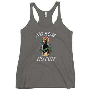 Grey racerback tank top with image of centered rum bottle with green palm trees surround on top by "No, Rum" and at bottom "No, Fun" in white IM Fell font.