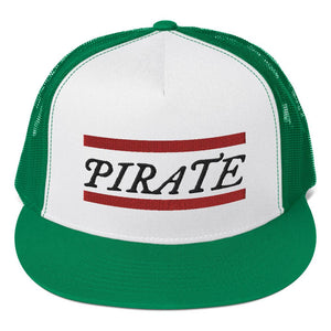 Stylish trucker cap with word "Pirate" written horizontally in IM Fell font between two crimson red bars on the front of cap. Cap brim is green, front of cap is white, sides of cap are green. All lettering is in Black.