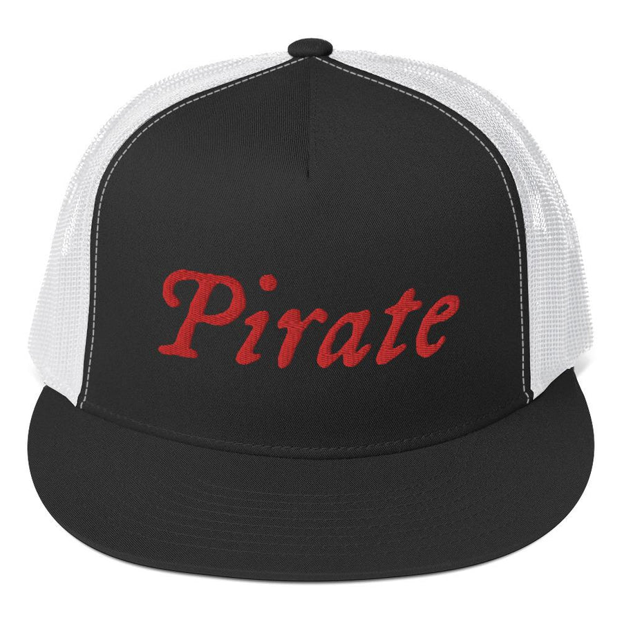 Stylish trucker cap with word "Pirate" written horizontally in IM Fell font on the front of cap. Cap brim is black, front of cap is black, sides of cap are white. All lettering is in Red.