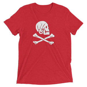 Red unisex short sleeve t-shirt with Henry Every pirate flag which depicts a white skull in profile wearing a kerchief and an earring, above a saltire of two white crossed bone