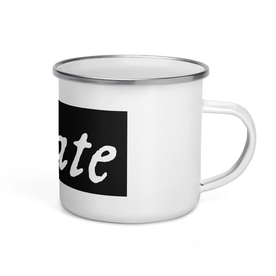 Enamel Mug with "Pirate" written white lettering in IM Fell font, surrounded by black background.