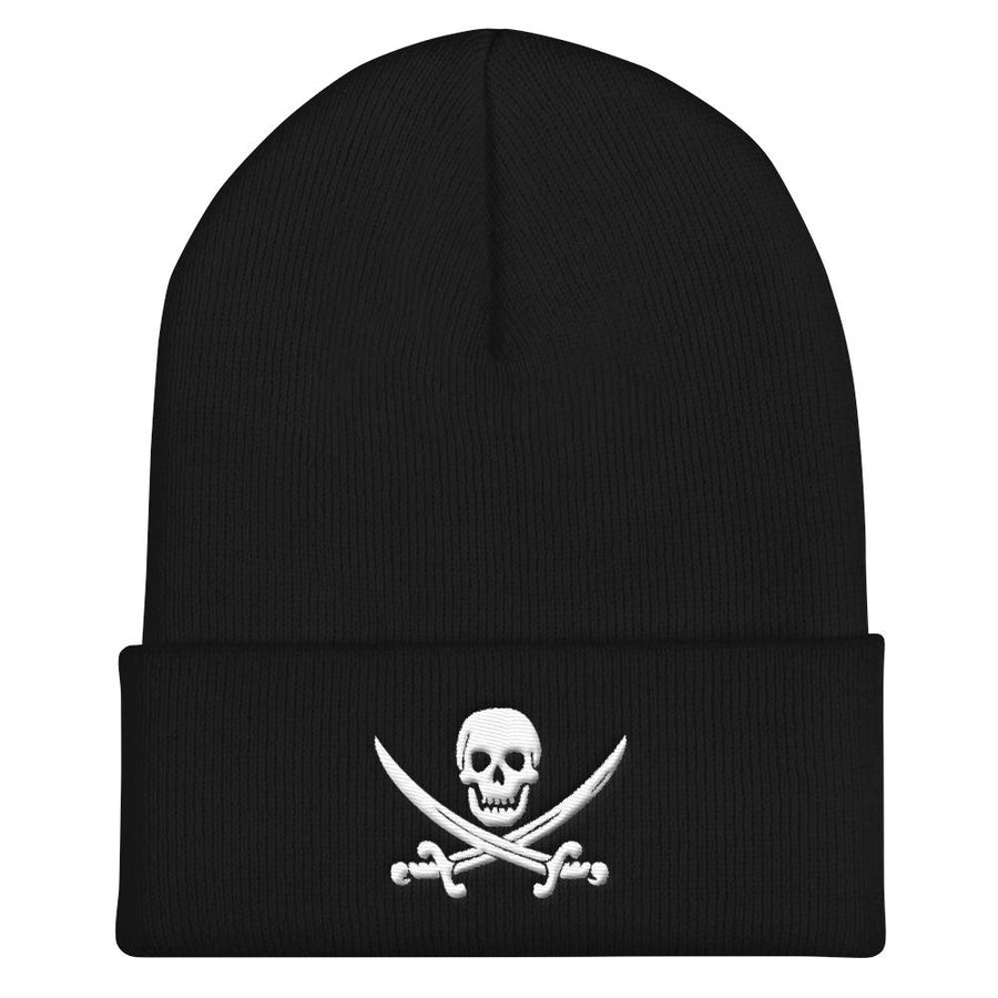 Black beanie cap with Jack Rackham pirate flag represented as a white skull above two crossed swords, which contributed to the popularization of pirates worldwide.