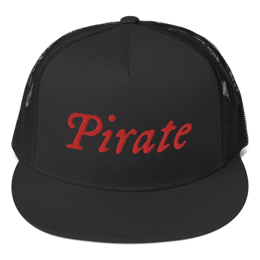 All black stylish trucker cap with word "Pirate" written horizontally in IM Fell font on the front of cap. Lettering is in Red.
